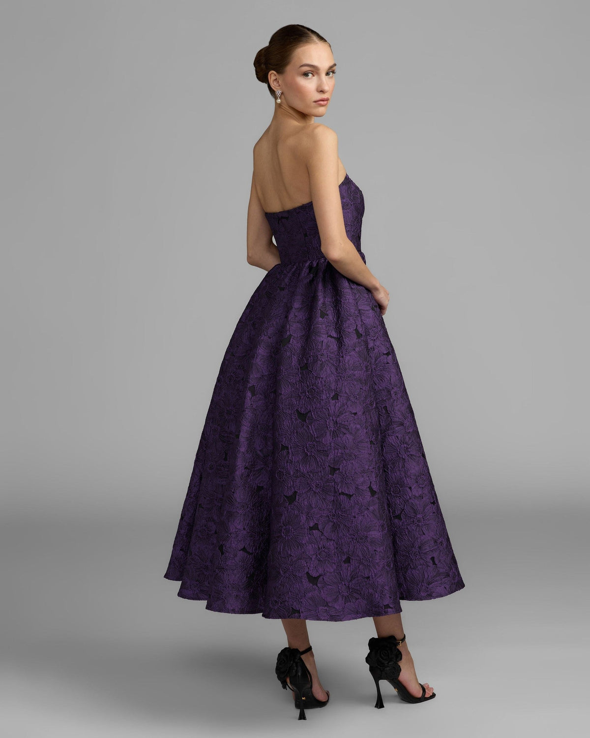 Ultra Violet Floral Brocade Strapless Midi Dress