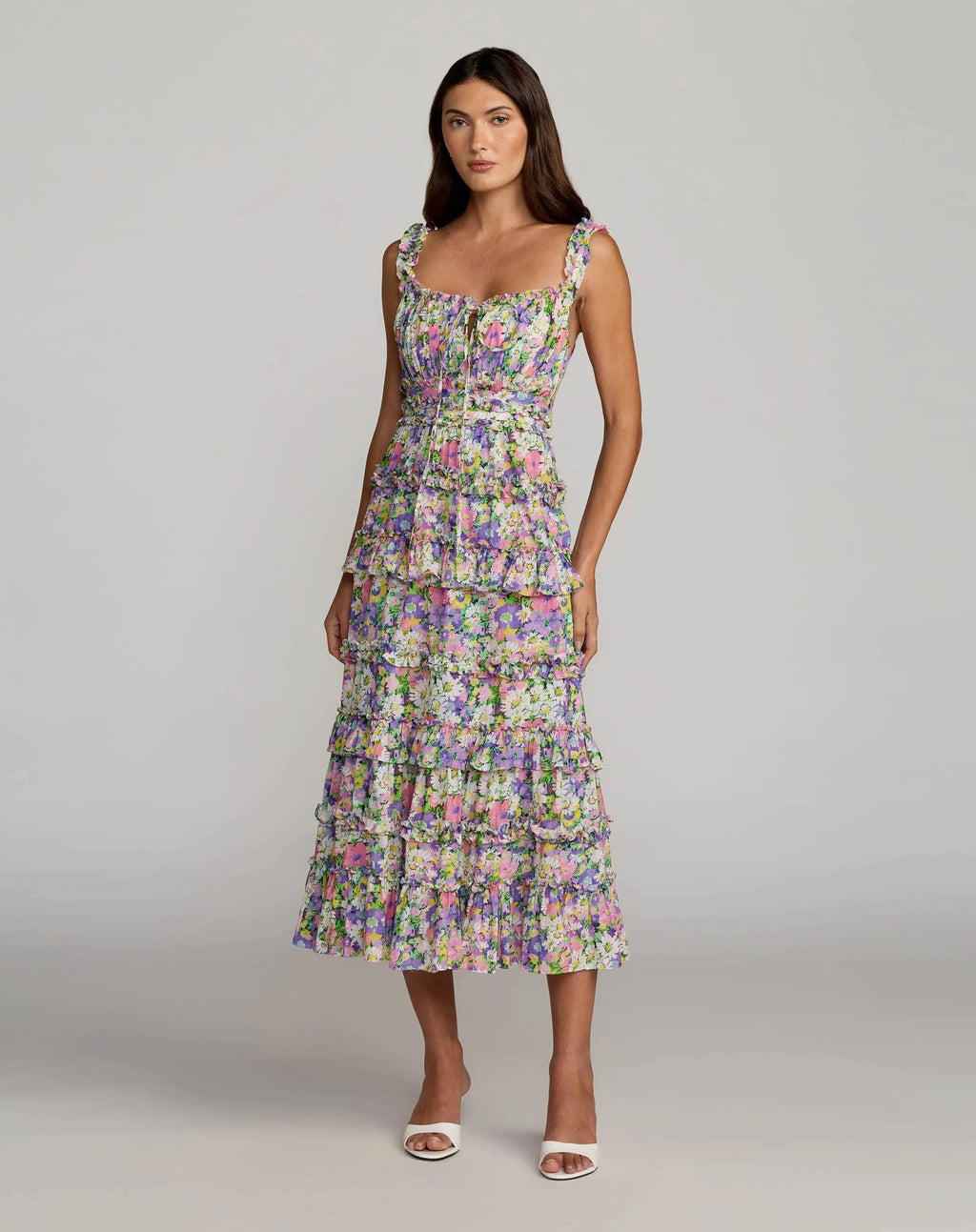 Multicolor Floral Tiered Cotton Midi Dress