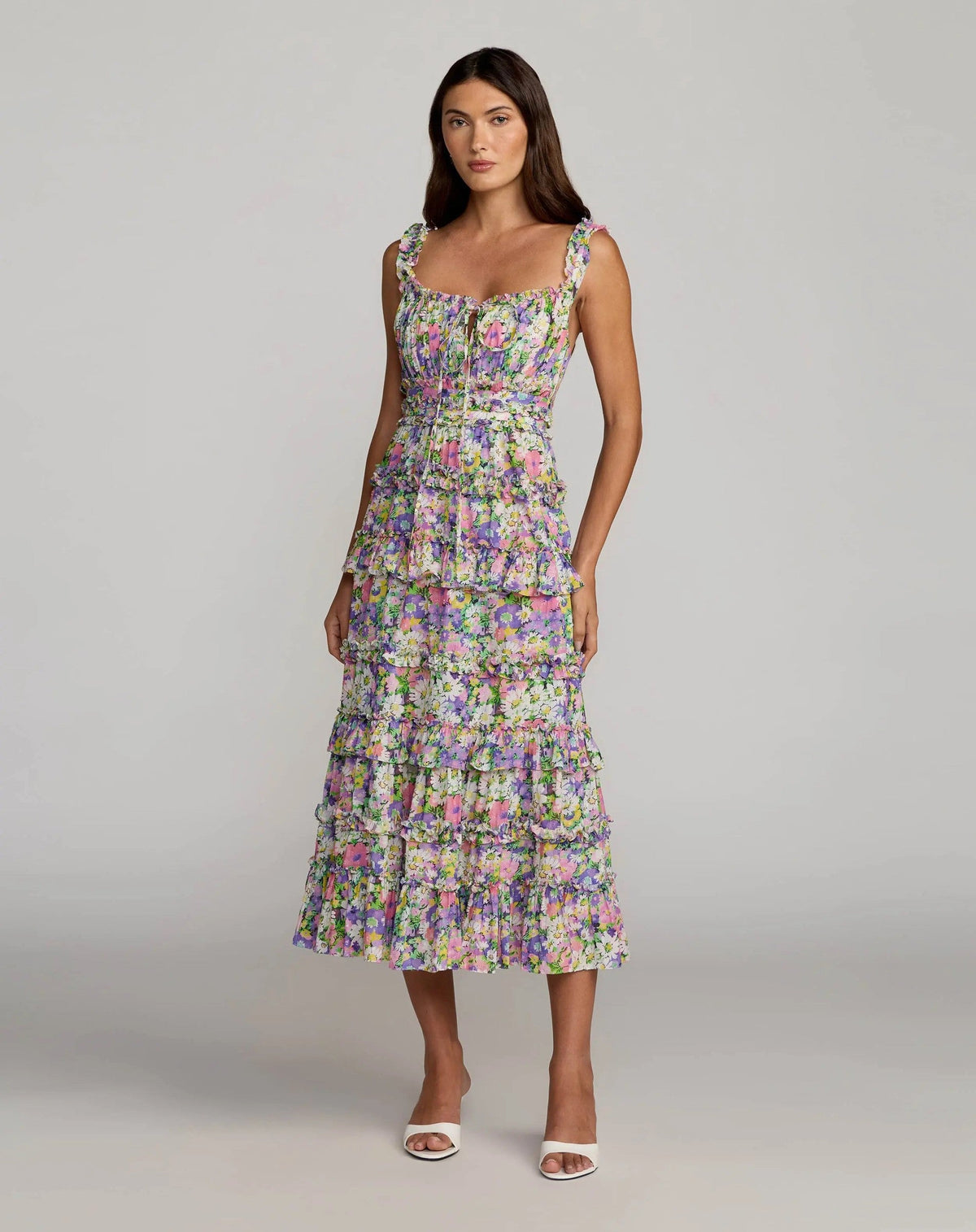 Multicolor Floral Tiered Cotton Midi Dress