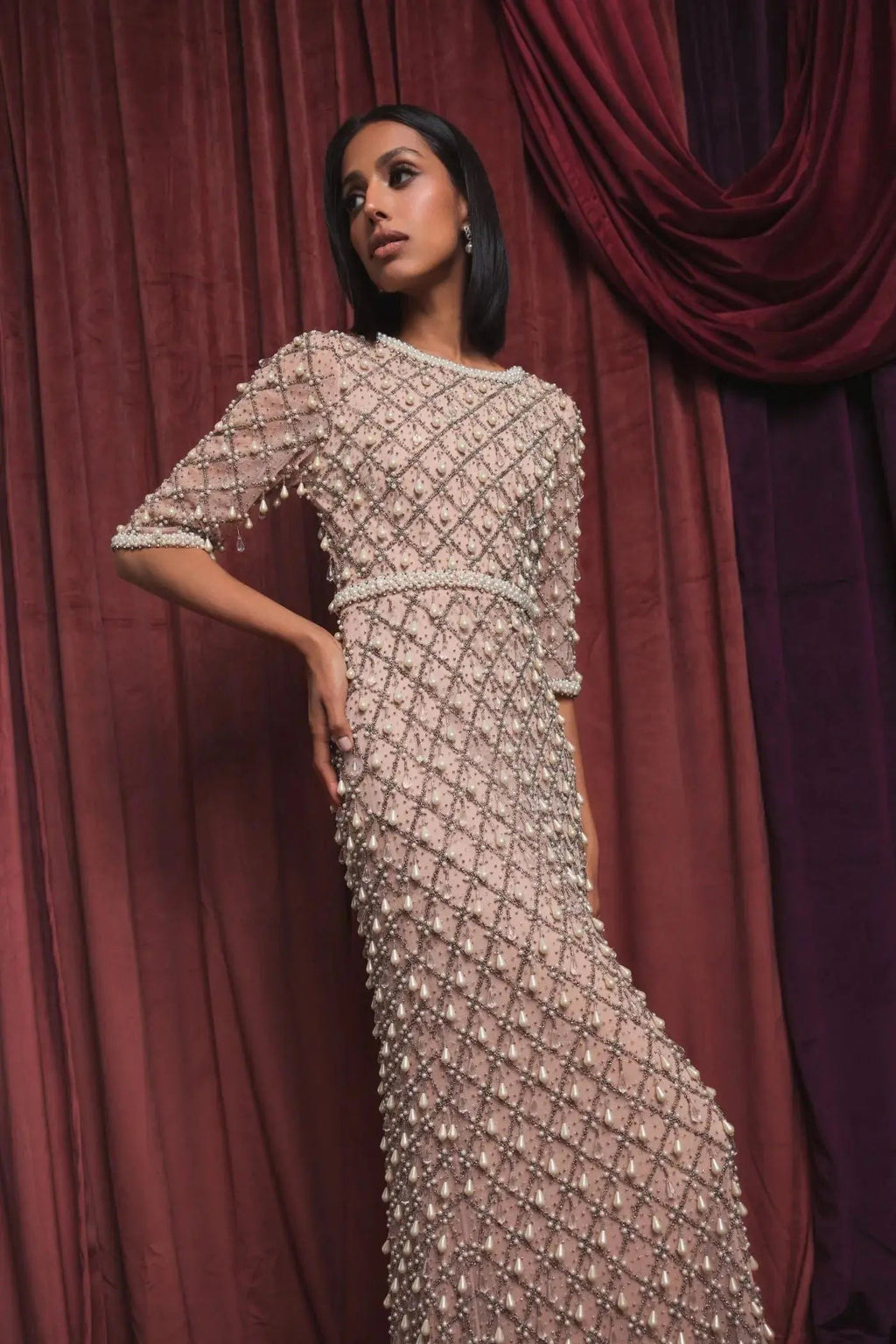 Light Rose Pearl Embellished 3/4 Sleeve Gown