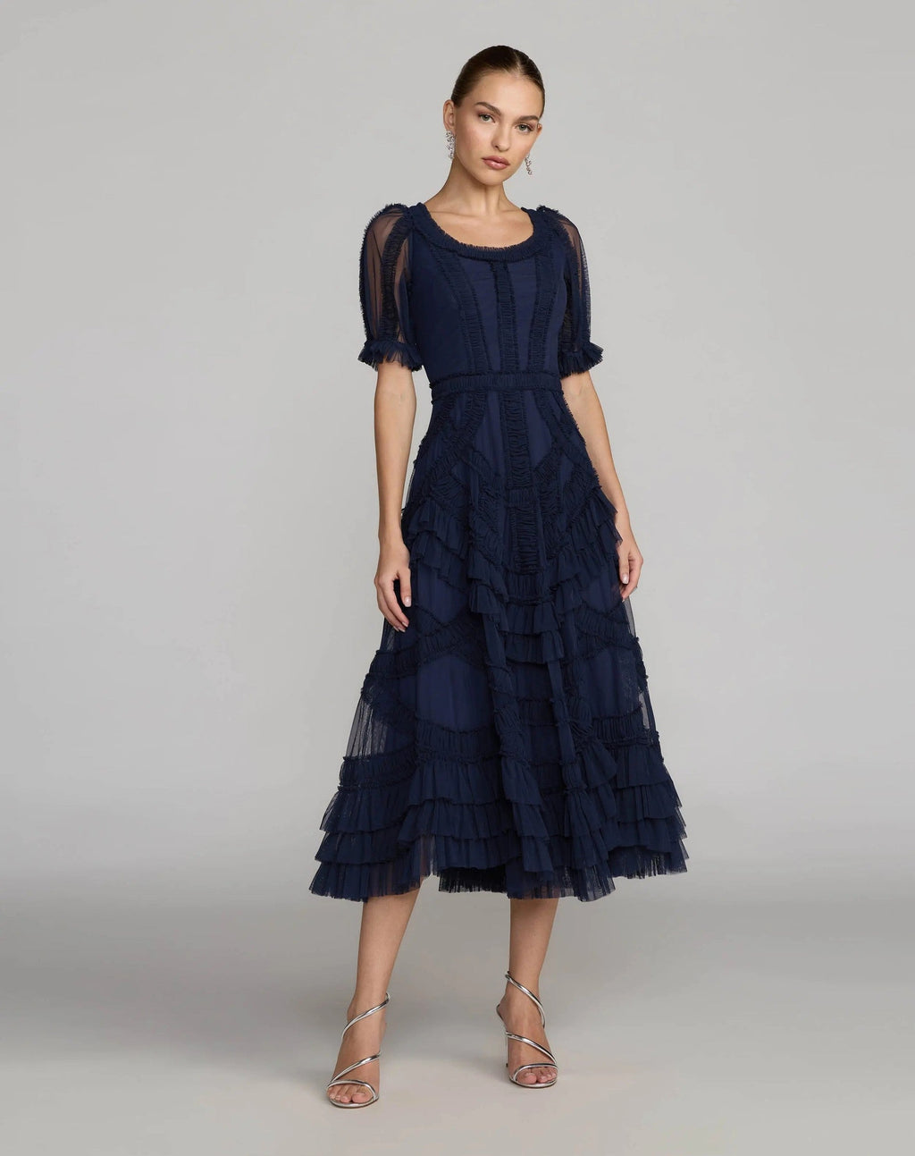 Indigo Short Sleeve Micro Ruffle Midi Dress