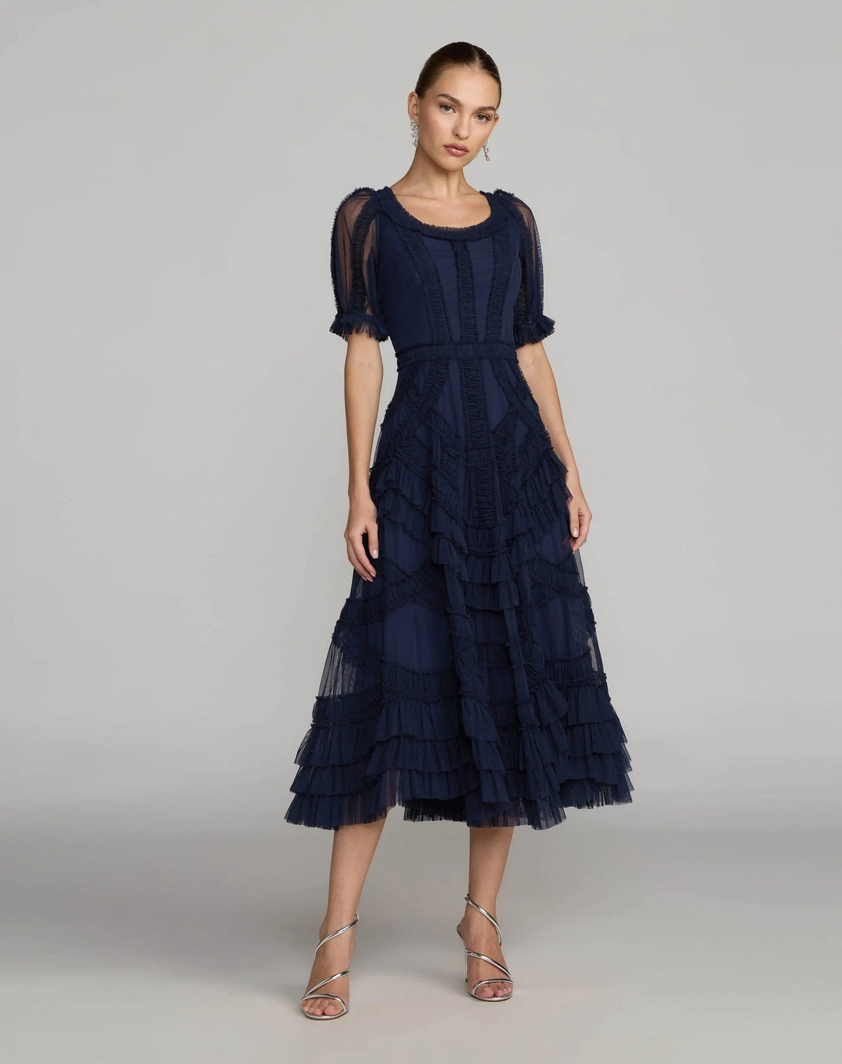 Indigo Short Sleeve Micro Ruffle Midi Dress