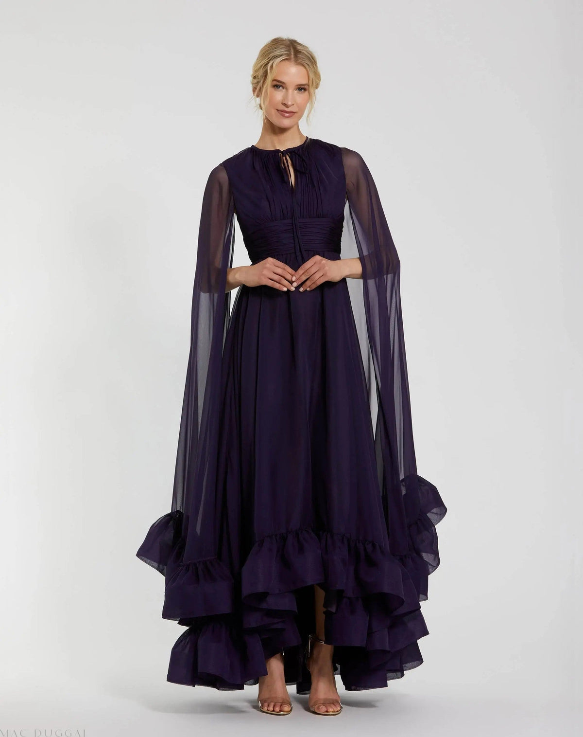 Chiffon Cape Sleeve Ankle-Length Dress With Keyhole
