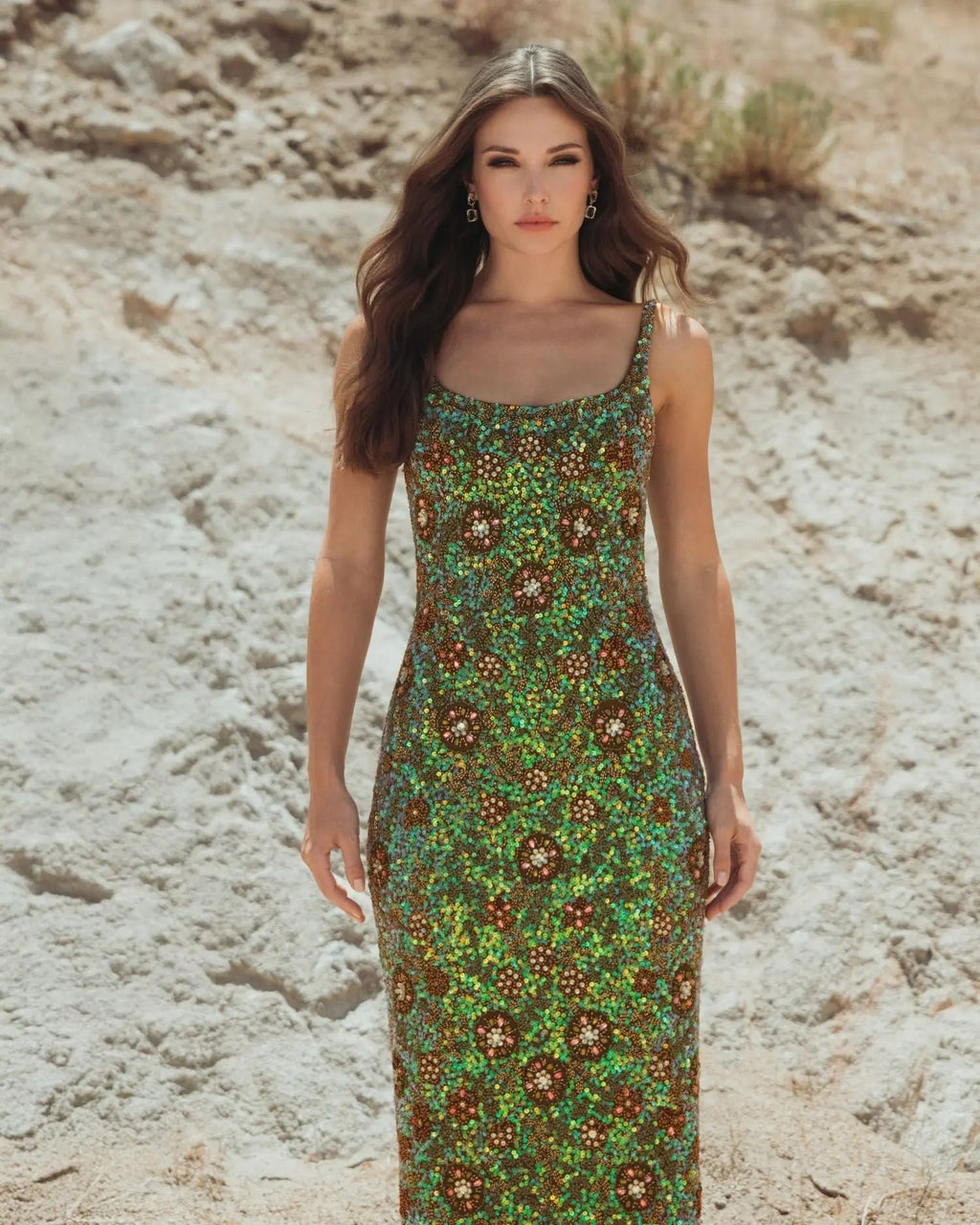 Olive Sleeveless Hand Embellished Floral Maxi Dress