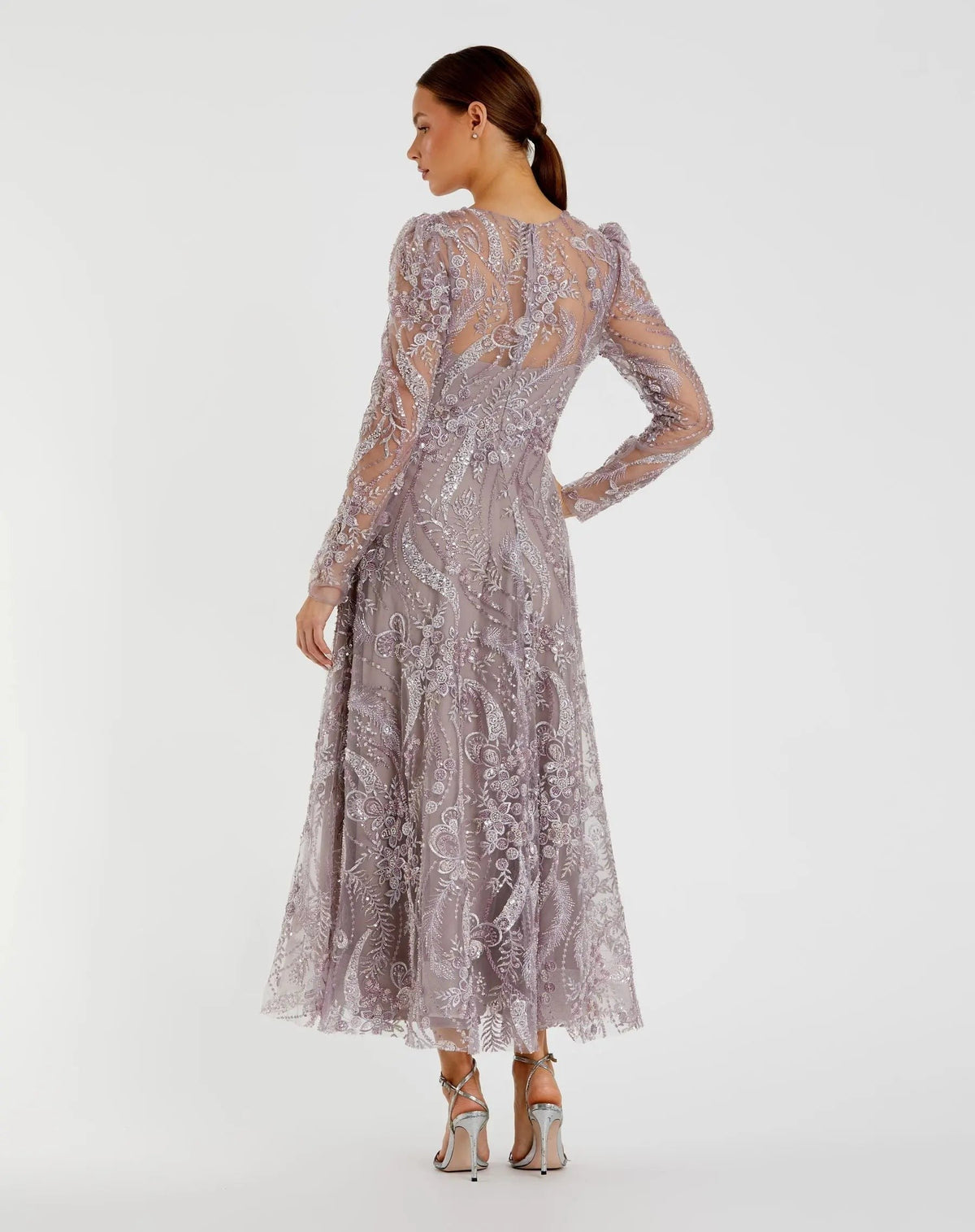 Purple Floral Embroidered High Neck Long Sleeve Dress