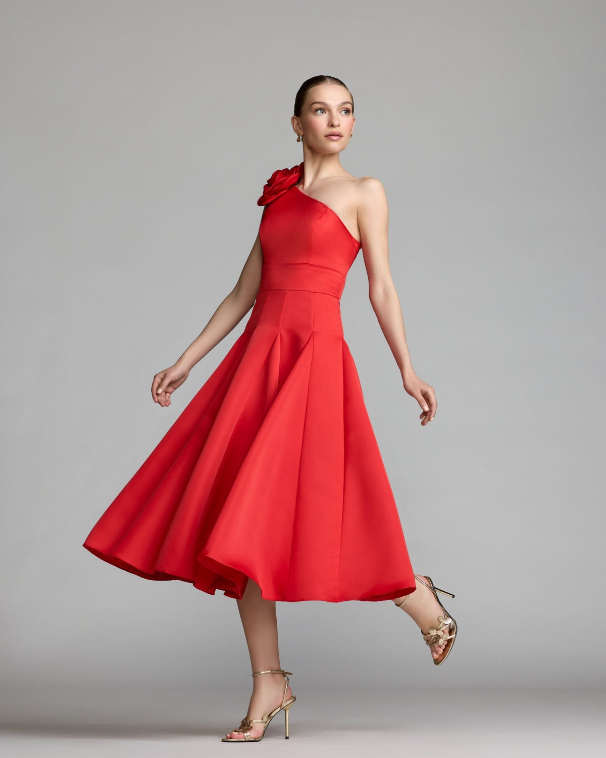 Red One Shoulder Satin Midi Dress With 3D Flower