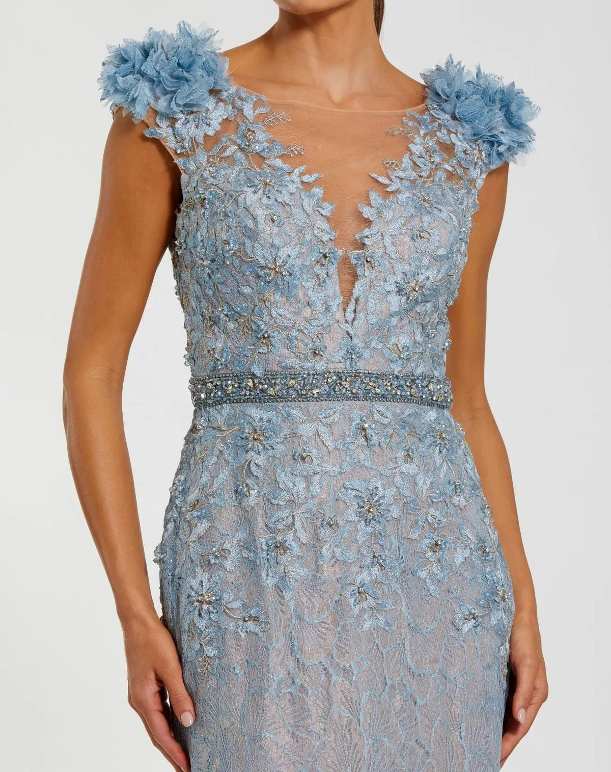 Powder Blue Embellished Lace Illusion Neck Gown With 3D Flowers