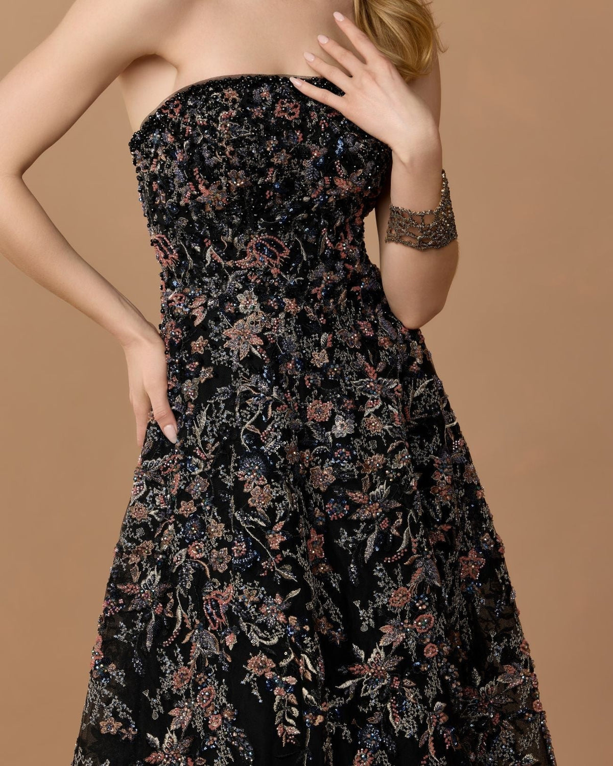 Black Multi Strapless Floral Embroidered A-Line Gown