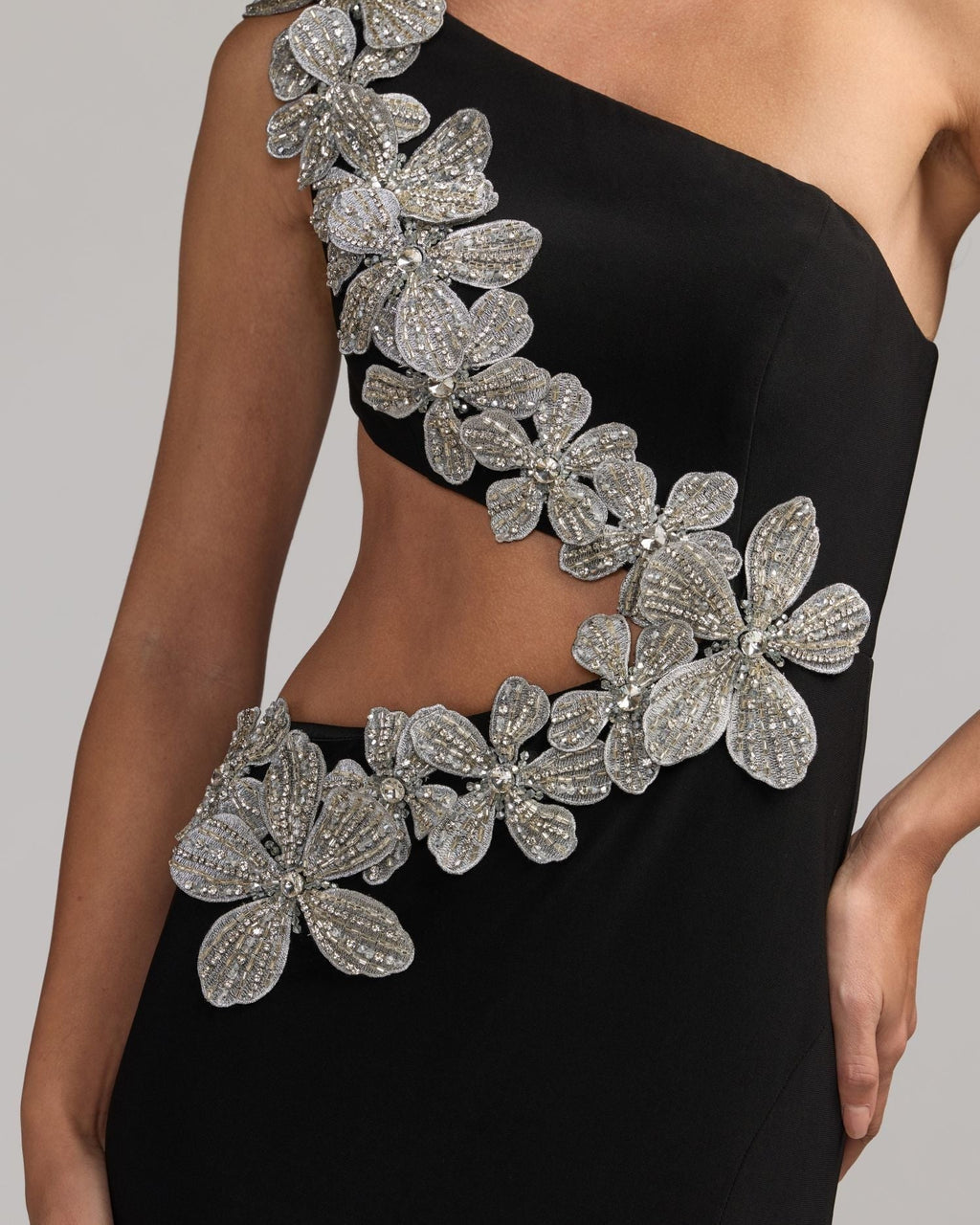 Black One Shoulder 3D Floral Jersey Gown