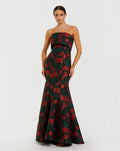 Black Strapless Floral Brocade Mermaid Gown