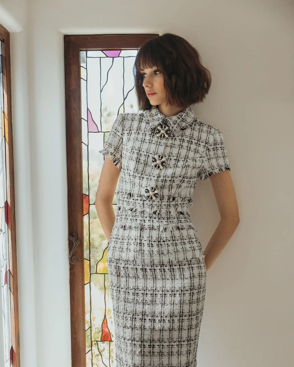 Ivory Fitted Boucle Short Sleeve Button Up Midi Dress