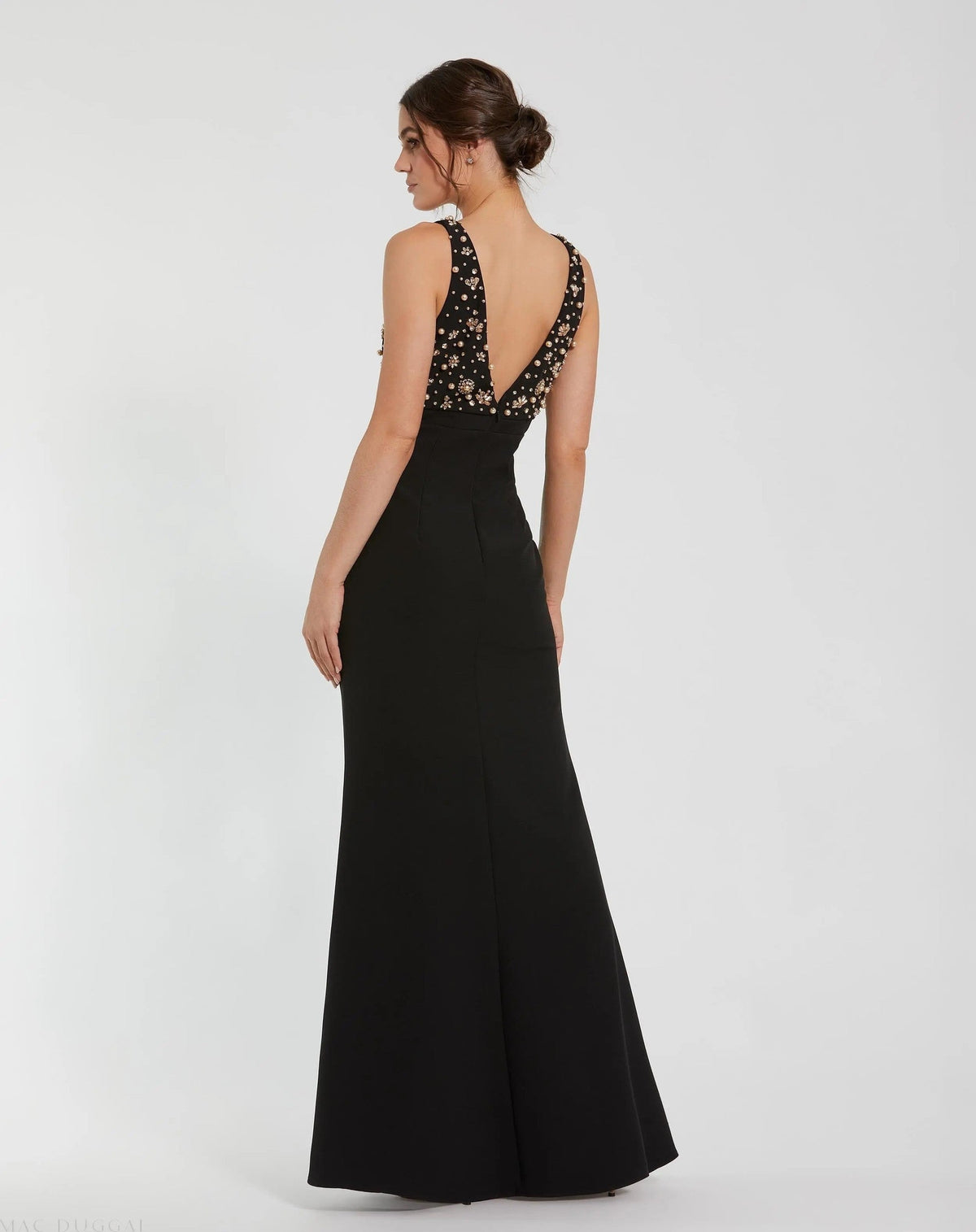 Black Embellished Deep V-Neck Crepe Gown With Bow