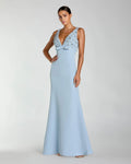 Powder Blue Embellished Deep V-Neck Crepe Gown With Bow