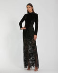 Black Long Sleeve Sheer Floral Embroidered Velvet Dress