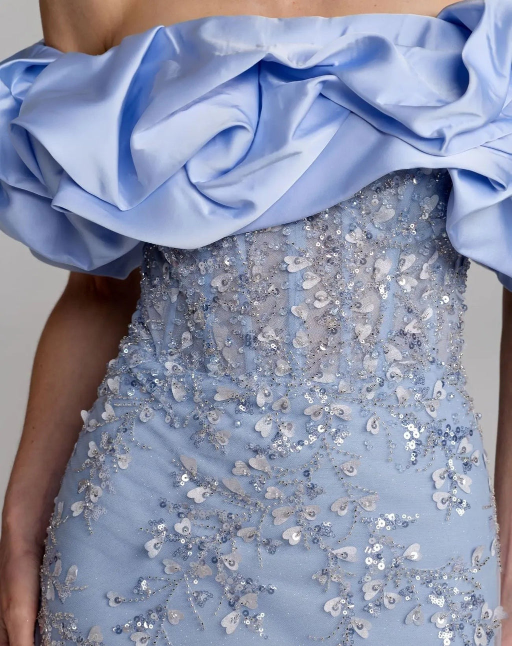 Periwinkle Embellished Mermaid Gown With Off The Shoulder Ruffle