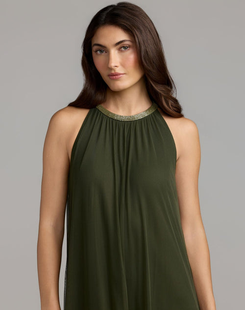 Antique Green Sleeveless Embellished Scallop Hem Trapeze Dress