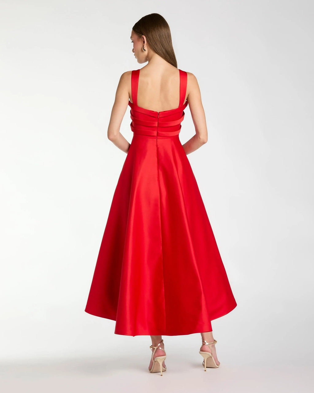 Red Satin Bow Bodice Midi Dress