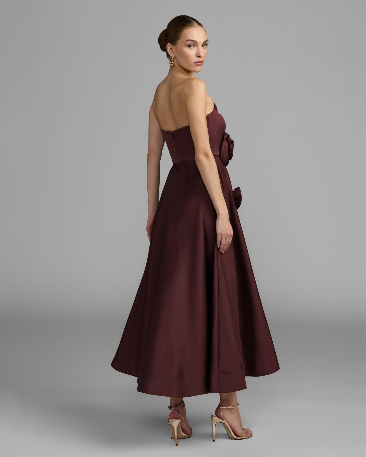 Burgundy Strapless Satin A-Line Dress With 3D Flowers