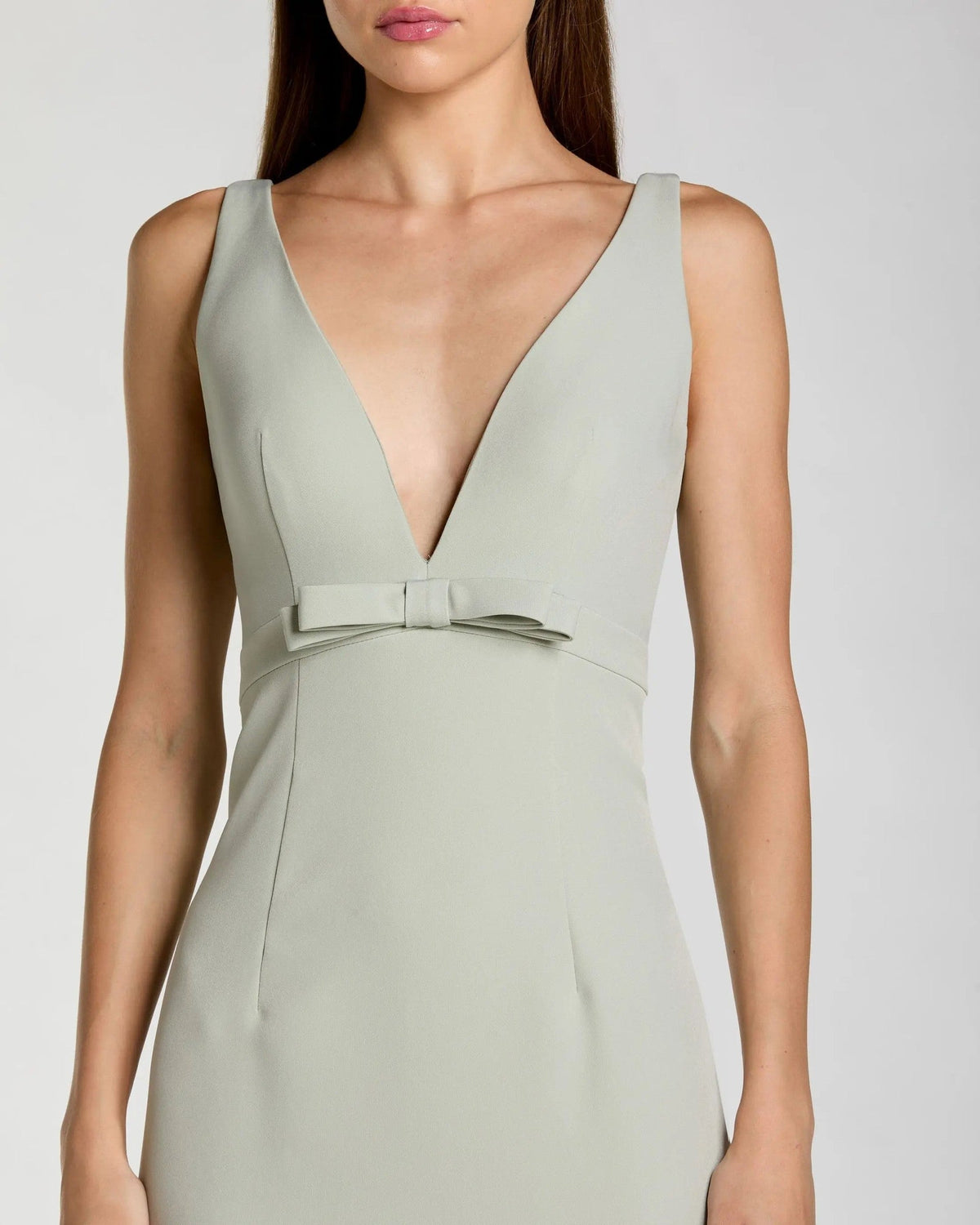 Sage Crepe V-Neck Mermaid Gown With Bow