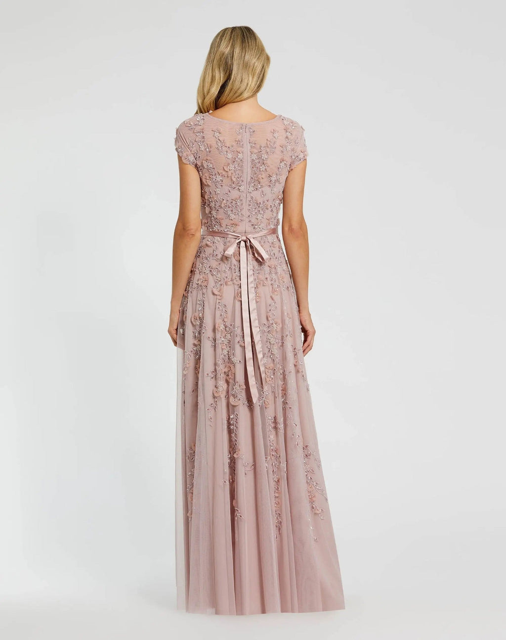 Petite Mocha Floral Embellished Cap Sleeve Gown