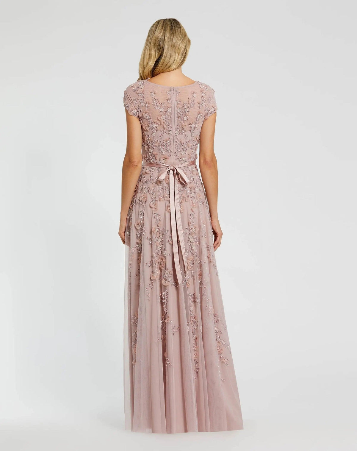 Petite Mocha Floral Embellished Cap Sleeve Gown