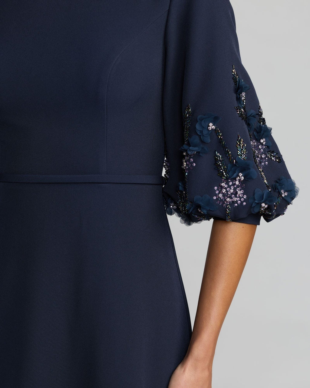 Midnight Multi Crepe A Line Gown with Embellished Puff Sleeves