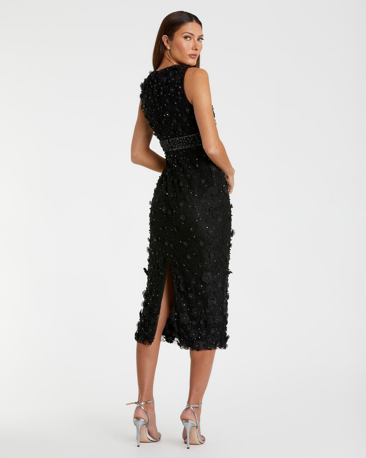 Petite Black Floral Applique Sleeveless Midi Dress