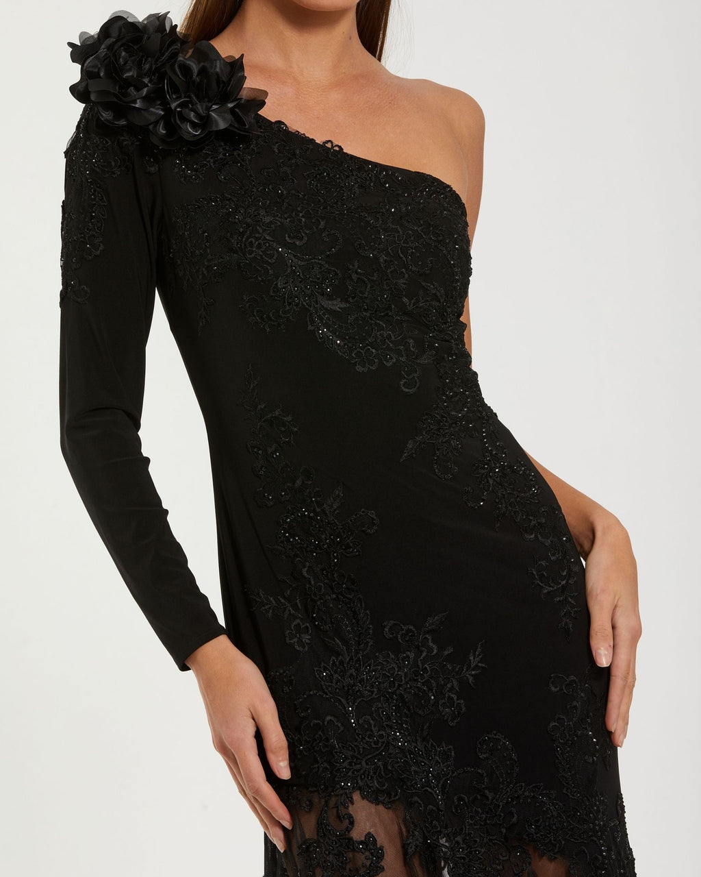 Black 3D Floral One Shoulder Mermaid Gown