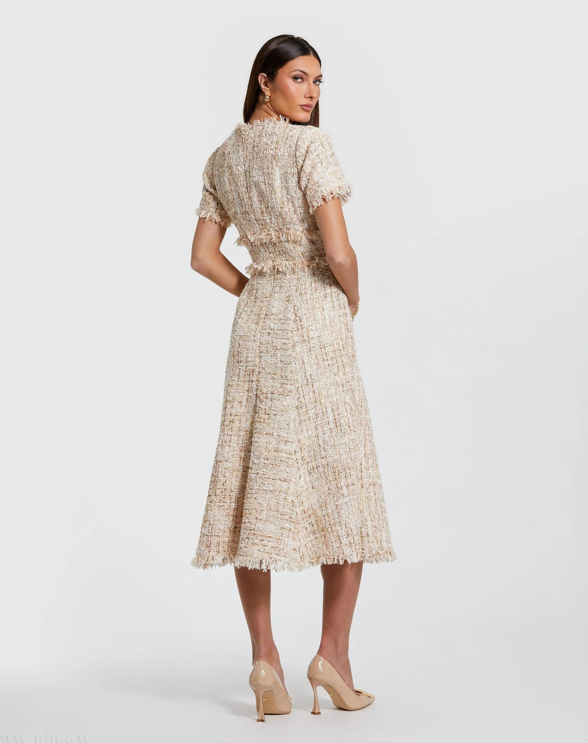 Beige Boucle Short Sleeve A Line Midi Dress