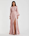 Pleated High Neck Raglan Long Sleeve Side Slit Gown