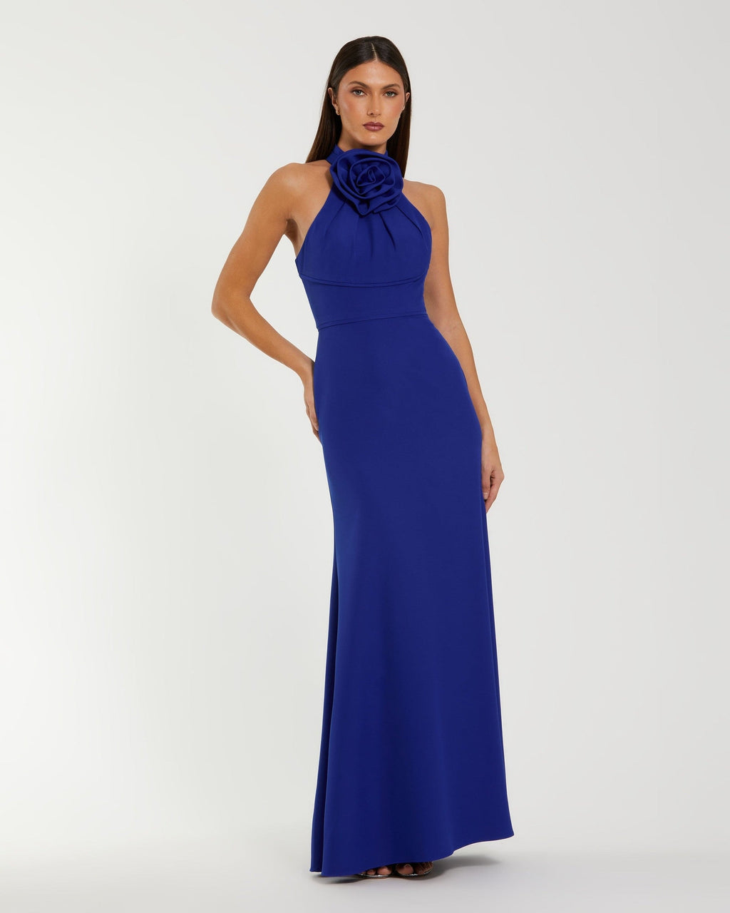 Blue Sleeveless Halter Neck Gown with Rosette Detail