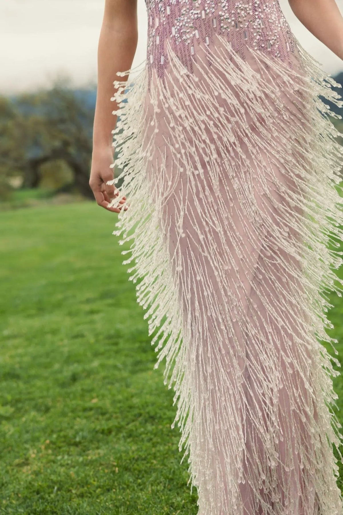 Vintage Lilac Embellished Cap Sleeve Gown With Fringe Beading