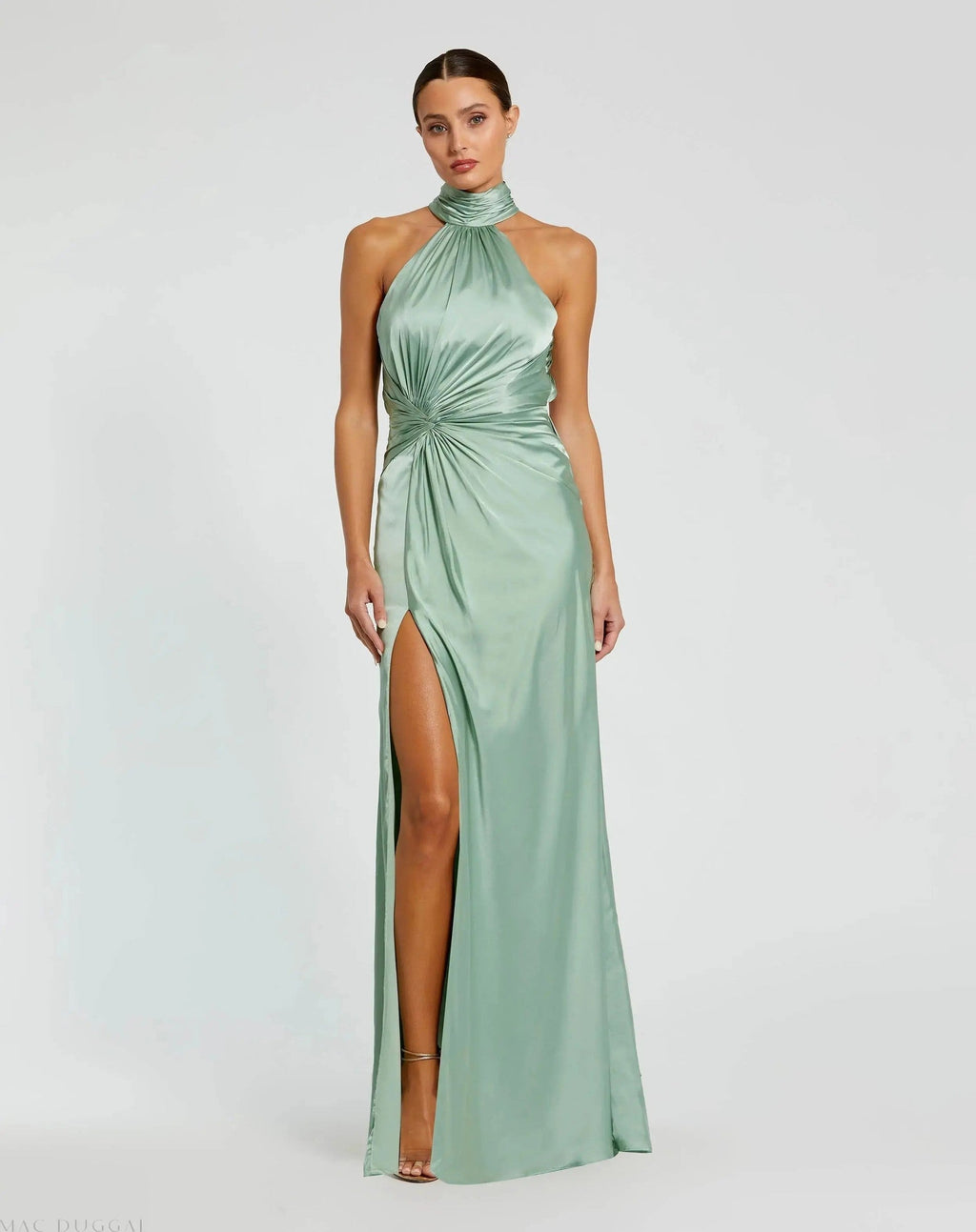 Sage Sleeveless Open Back Satin Gown