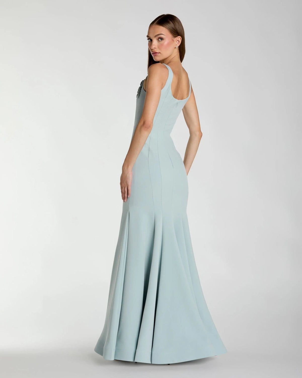 Powder Blue Embellished Floral Strap Crepe Gown