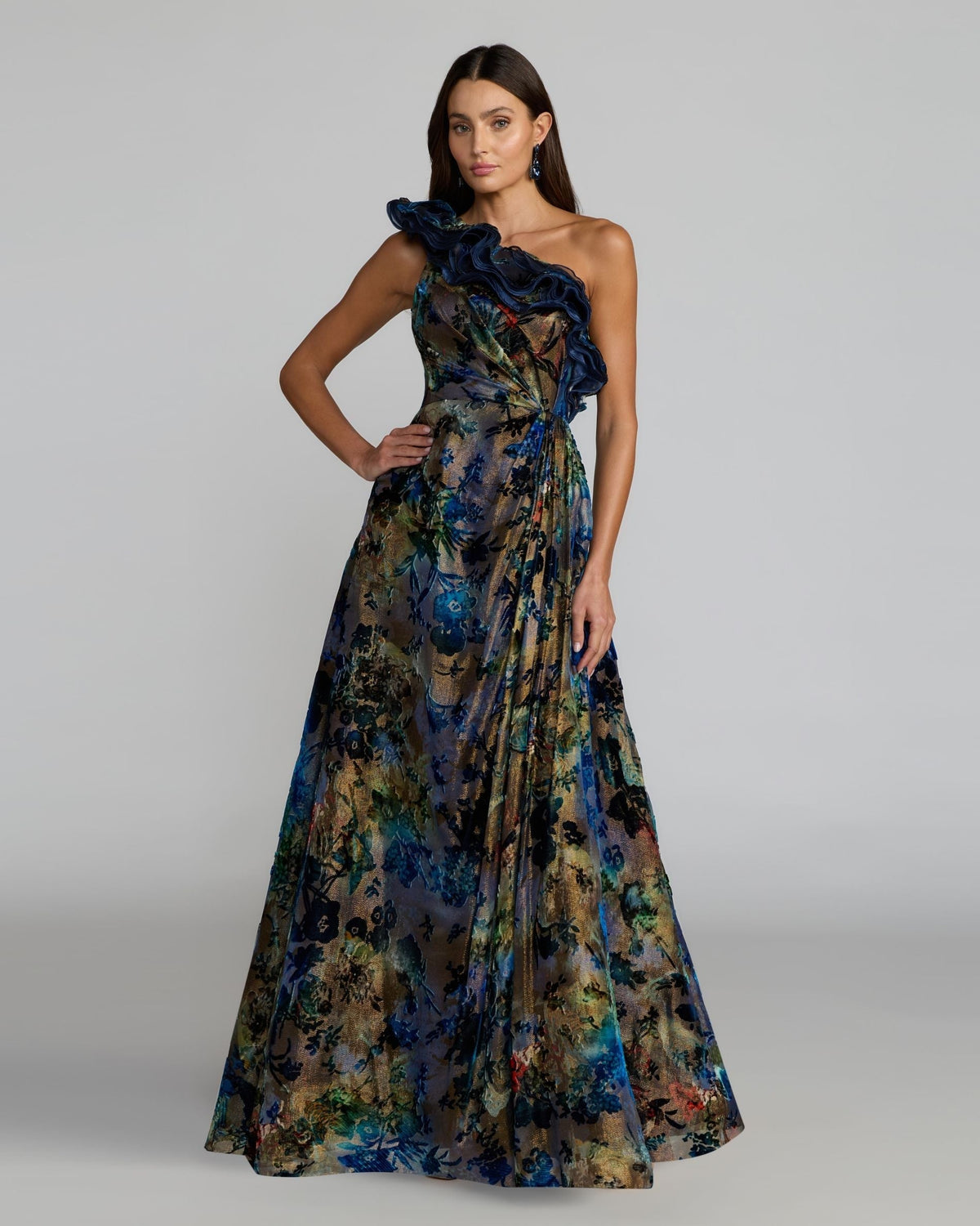 Black Multi One Shoulder Burnout Velvet Gown