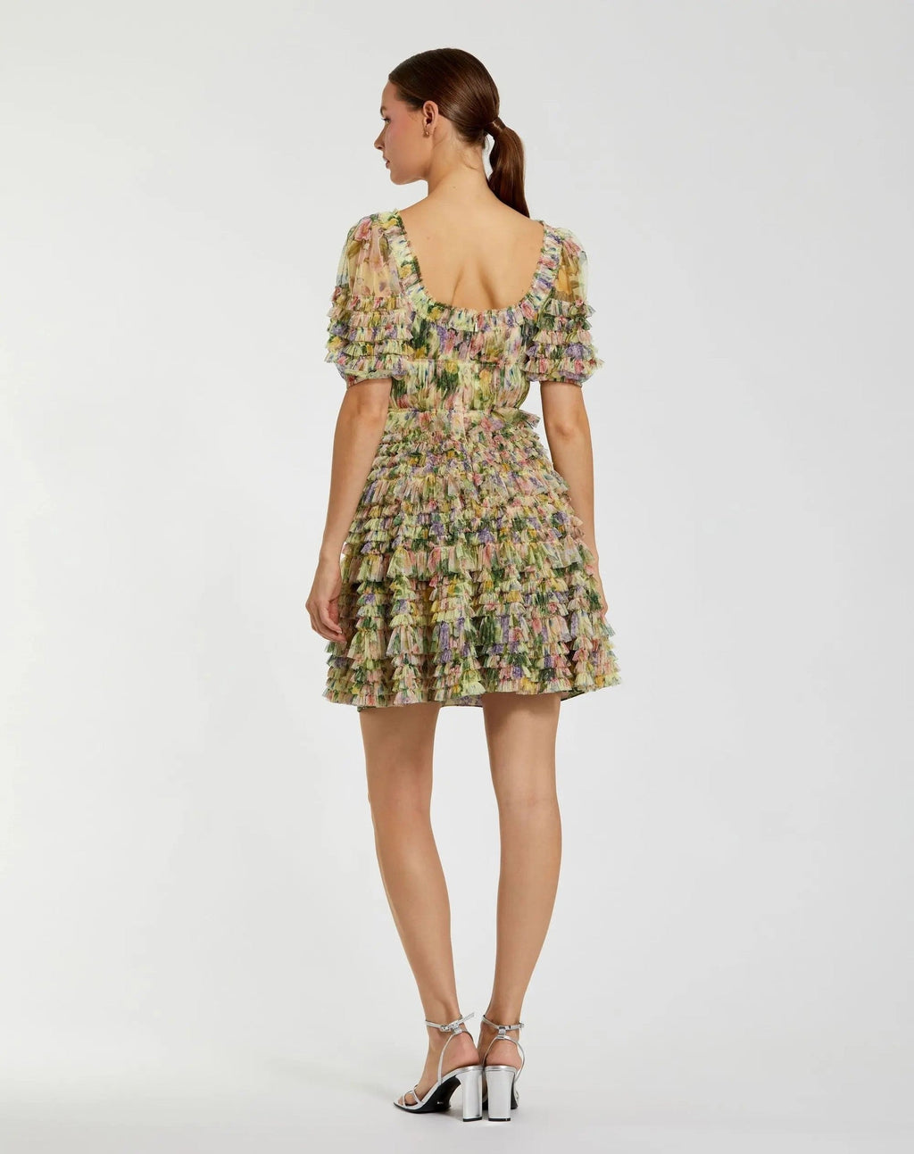 Yellow Multi Floral Puff Sleeve Ruffle Mini Dress