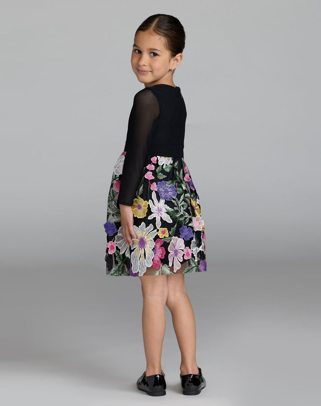 Girls Black Long Sleeve Floral Embroidered Dress