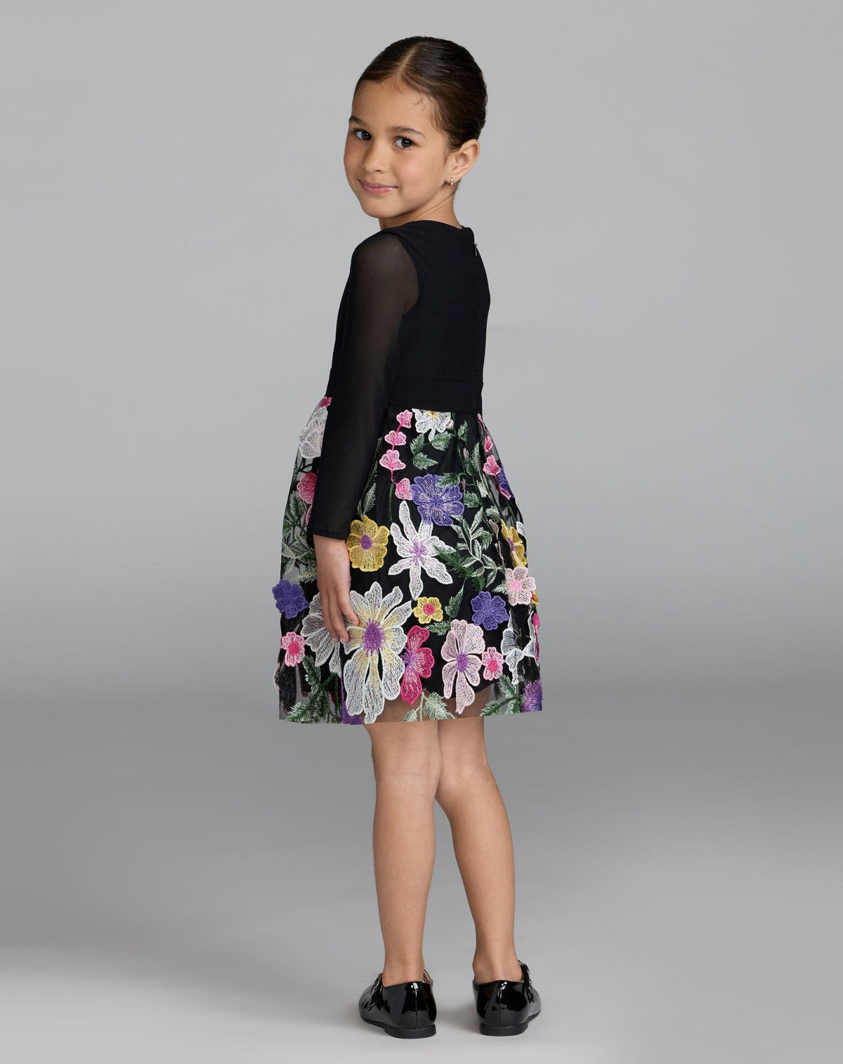 Girls Black Long Sleeve Floral Embroidered Dress