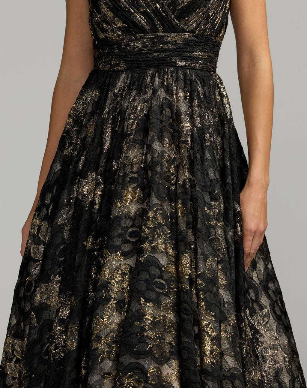Black Metallic Lace Sleeveless V-Neck Midi Dress