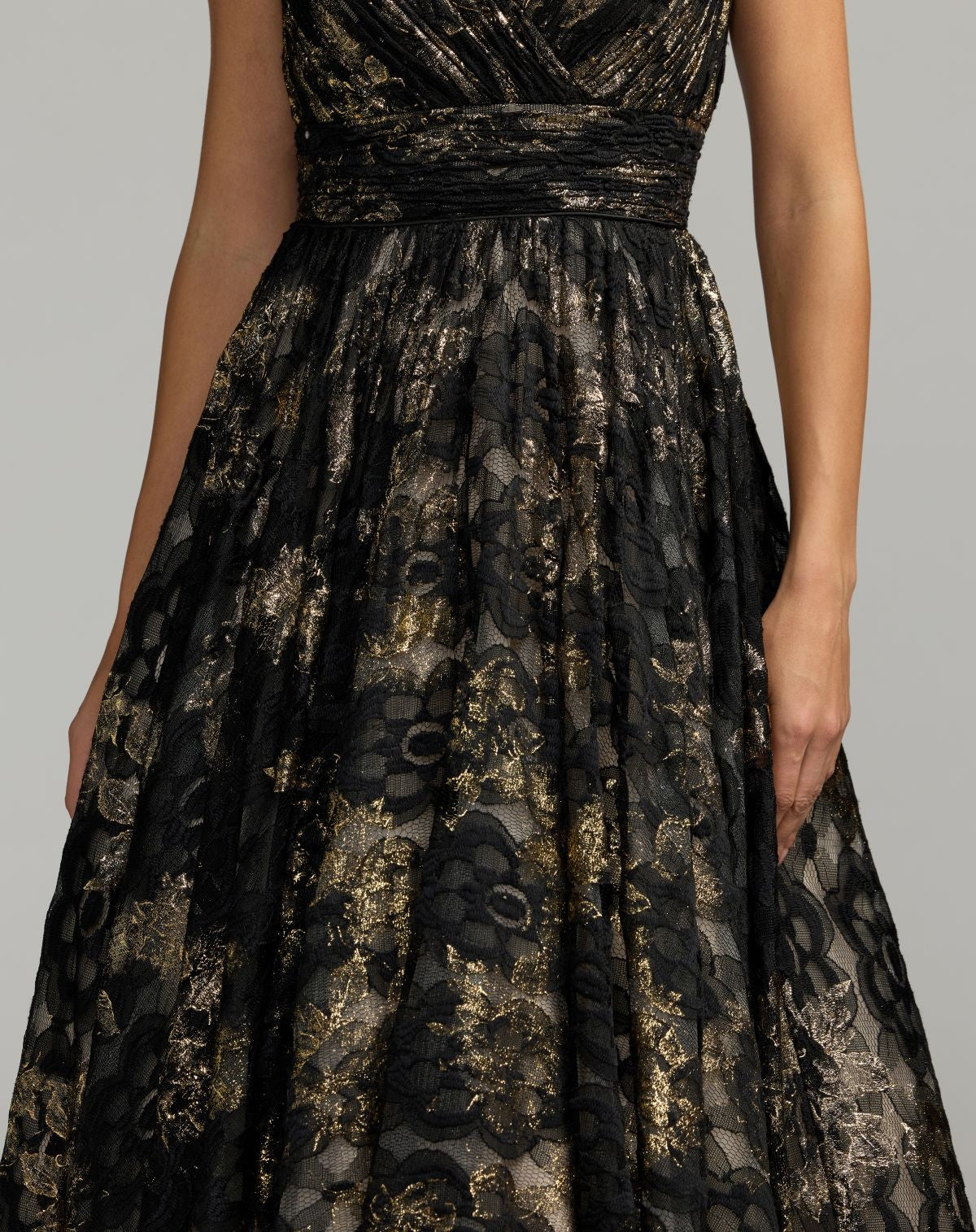 Black Metallic Lace Sleeveless V-Neck Midi Dress