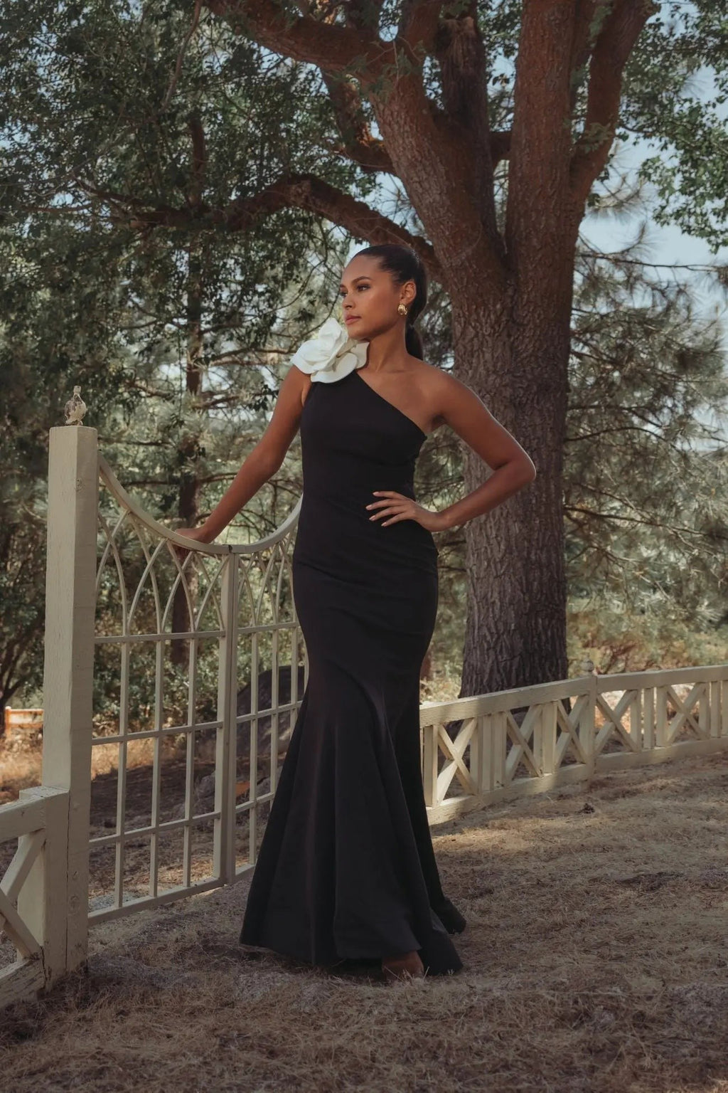 Black Ivory One Shoulder Mermaid Gown With 3D Flower