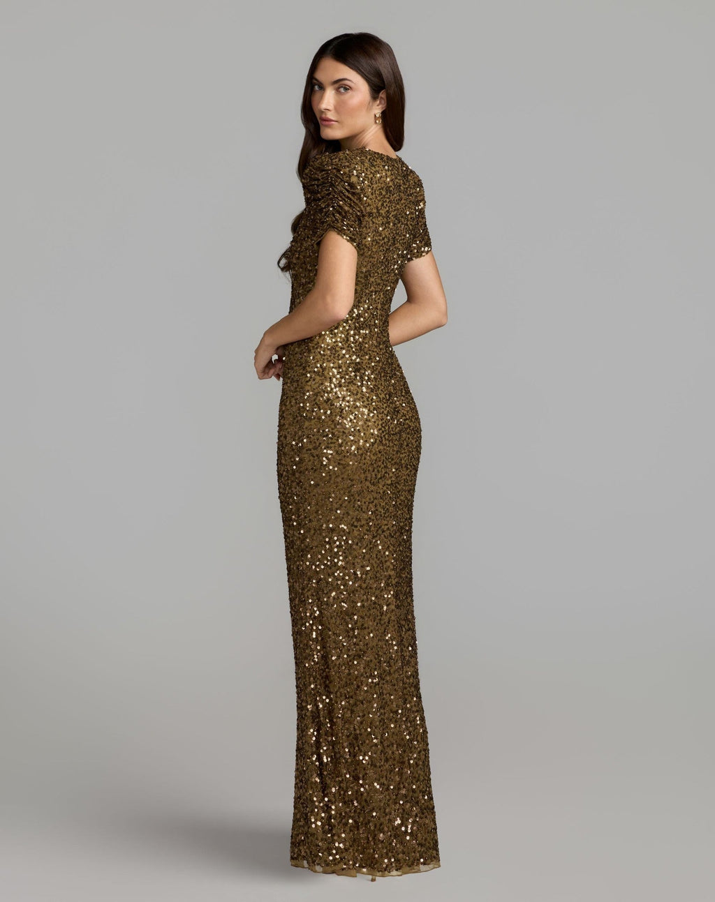 Brown Gathered Short Sleeve Embellished Gown