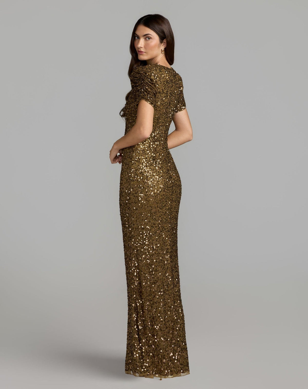 Brown Gathered Short Sleeve Embellished Gown