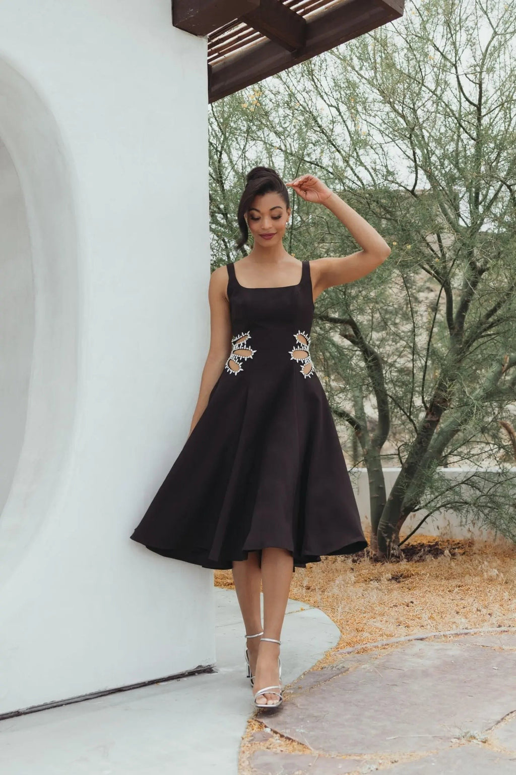 Black Sleeveless Crepe Rhinestone Cutout Midi Dress