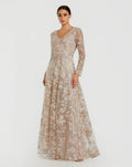 Beige Embroidered Long Sleeve A-Line Gown