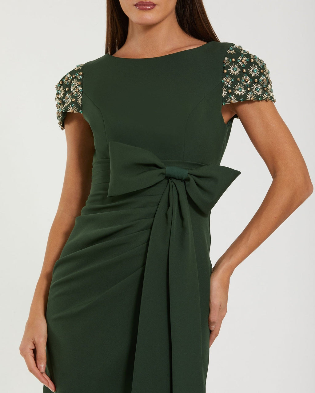 Dark Green Beaded Cap Sleeve Crepe Gown With Bow and Slit
