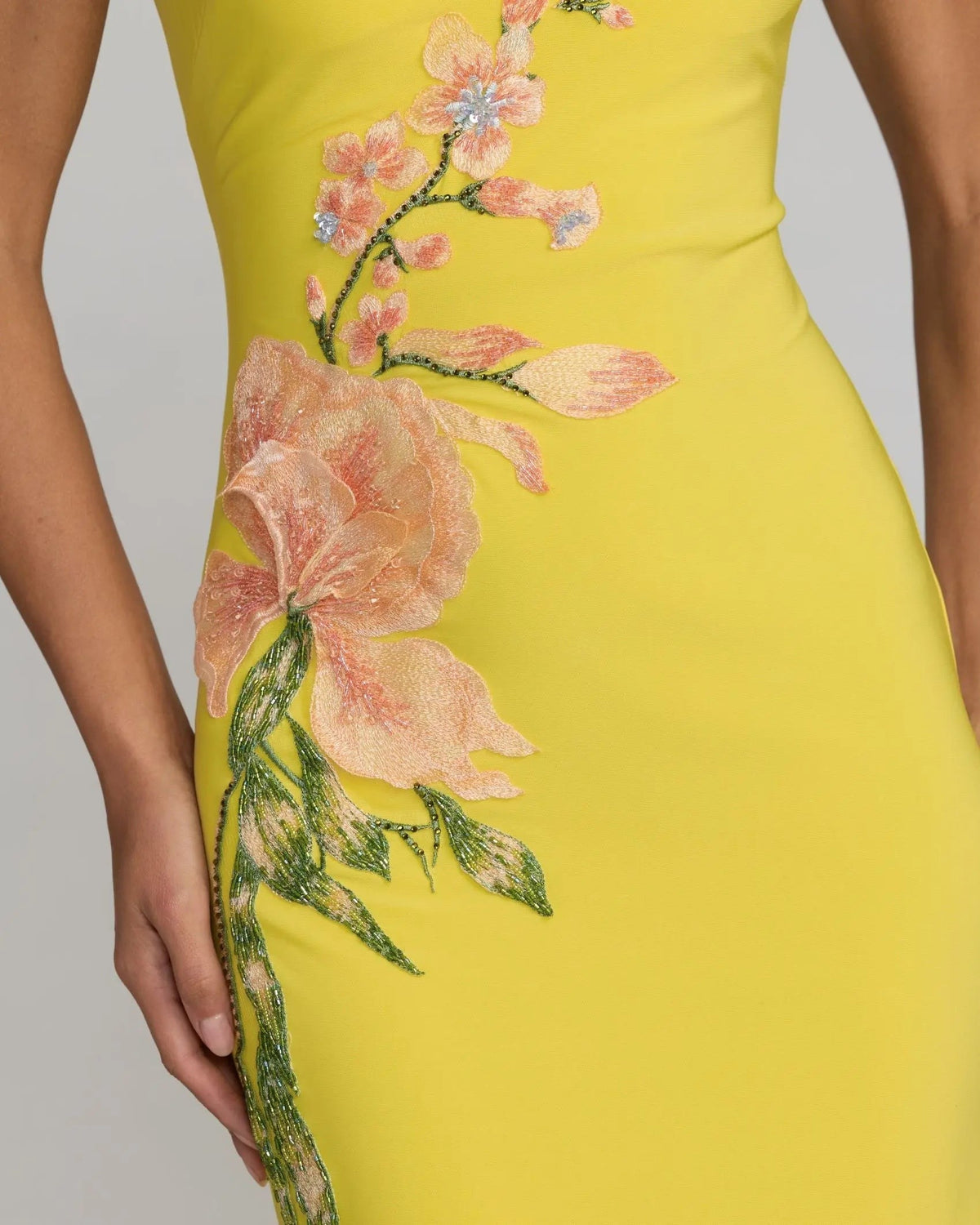 Yellow Multi Floral Appliqué V-Neck Jersey Gown
