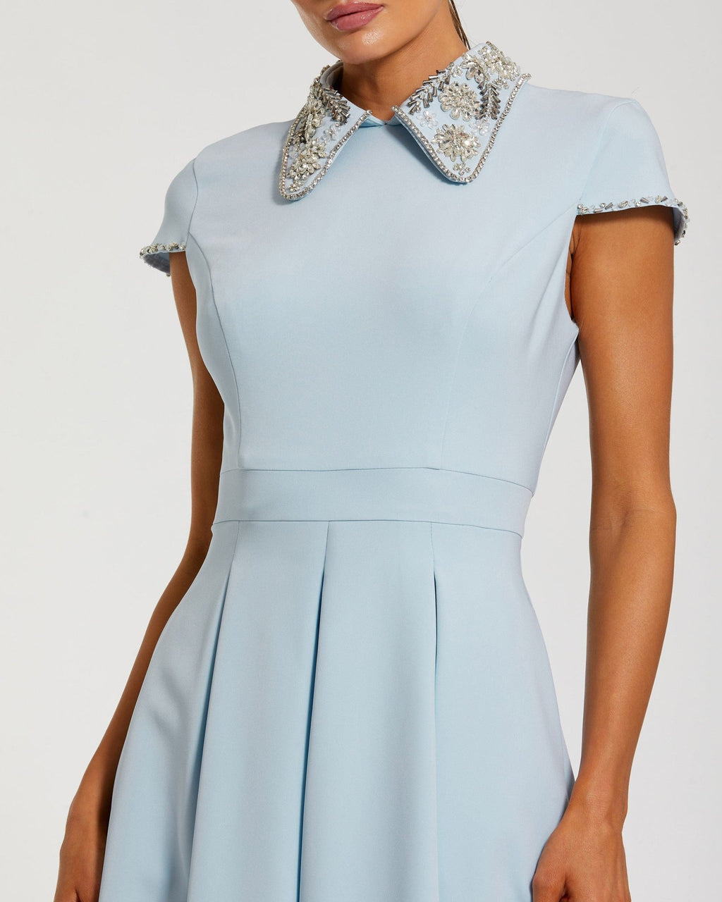 Blue Embellished Collar A-Line Midi Dress
