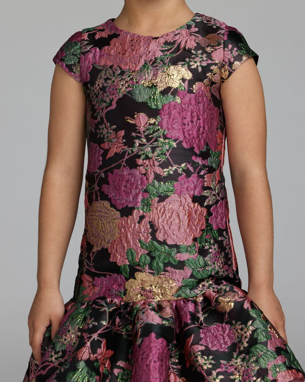 Girls Black Multi Floral Brocade Drop Waist Mini Dress