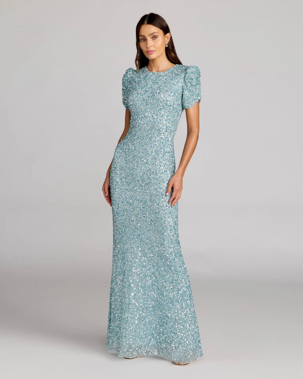 Powder Blue Gathered Short Sleeve Embellished Gown